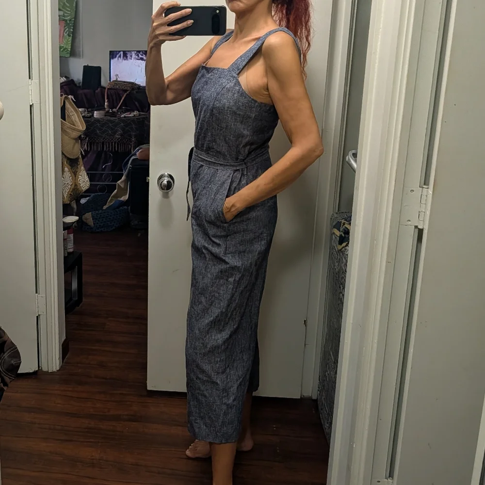 Banana Republic Square Neck Crop Jumpsuit Blue Chambray Linen Blend Sleeveless 6